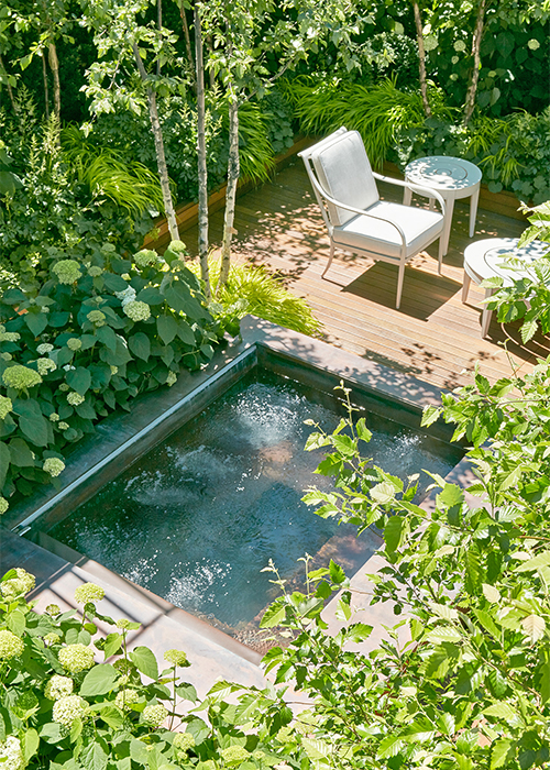 tranquil plunge pool surrounded by hydrangeas