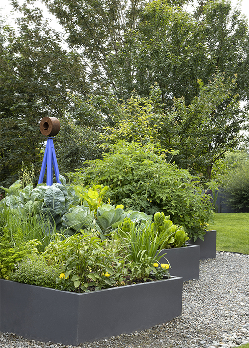 raised garden beds with blue sculpture