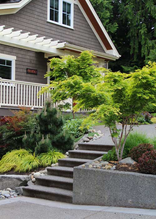 gray house with stairs, small tree and small shrubs
