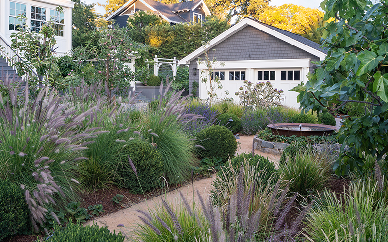 edible landscape with lavender and strawberries around a fountain and pathway