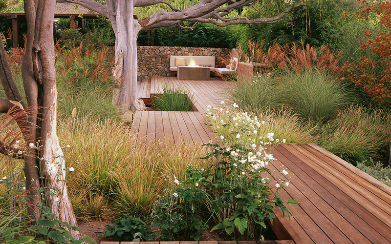 Masses of Grasses around a wood deck and outdoor living space