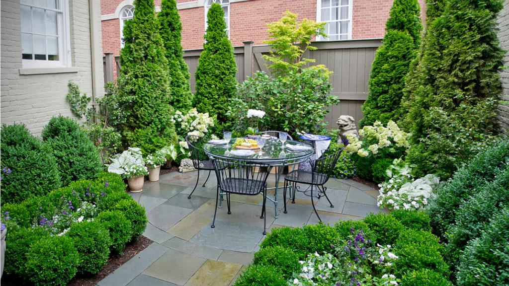 Tiny, private backyard landscape with patio furniture surrounded by boxwoods, conifers, angelonia, and impatiens.