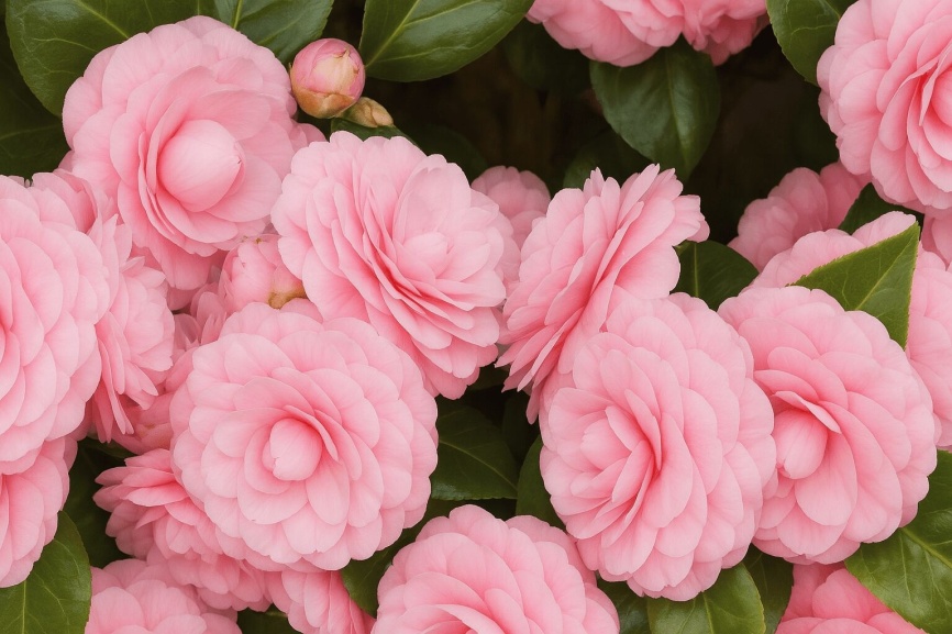 Close-up of Pink Camellias with text that reads, "Tips for Growing Camellias."