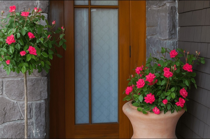 Front door with a rose tree and potted rose plant with text that reads, "Plant a Knock Out Rose in a Container."