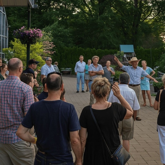 Group of people outside listening to a man speak with text that says, "Destination Garden Center: Moonlights and Margaritas."