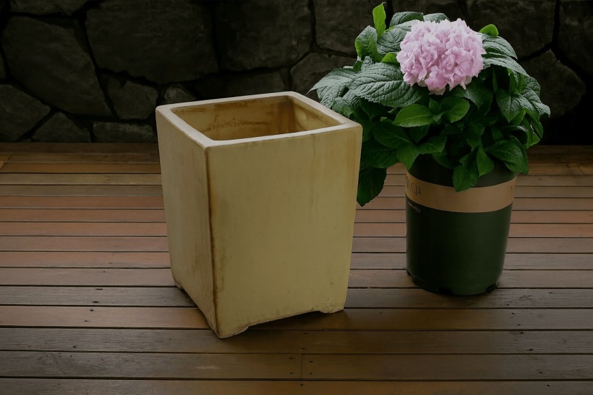 Yellow pot next to a purple flower in a Monrovia container with text that reads, "Choose the Right Size Pot for your Plant."