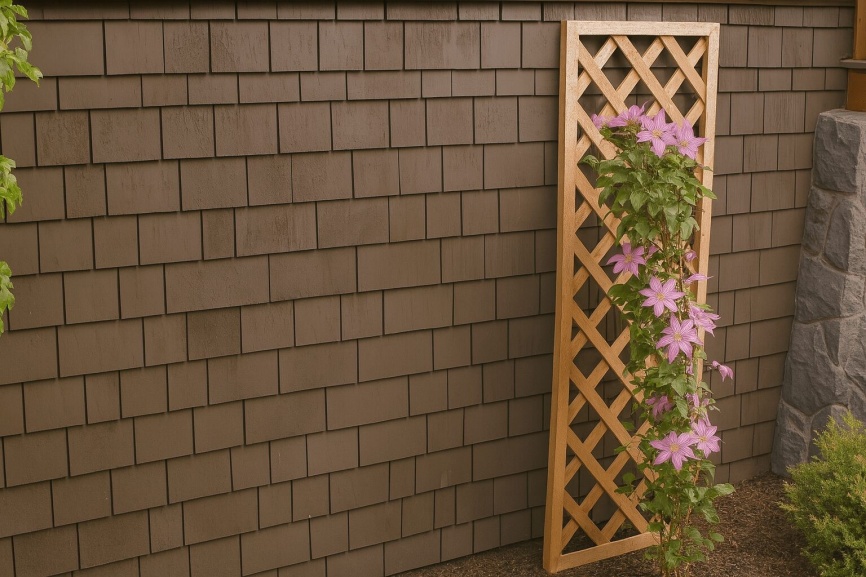 Pink clematis flowers on a climber against a home with text that reads, "3 Ways to Train Clematis."