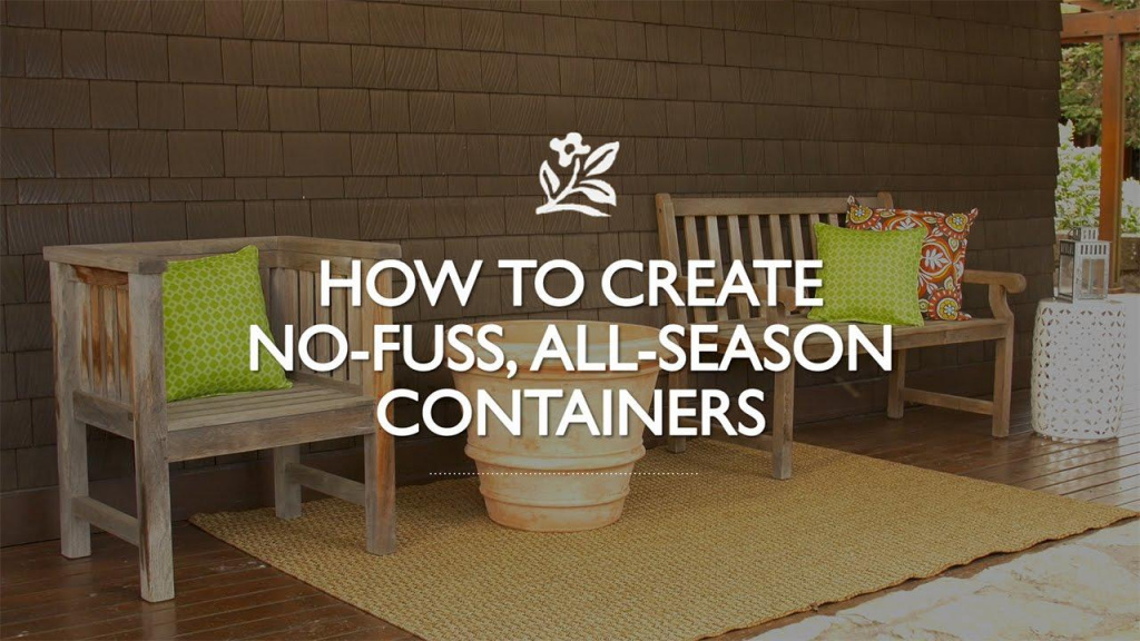 Two chairs with a garden container in between with text that reads, "How to create No-Fuss, All-Season Containers."
