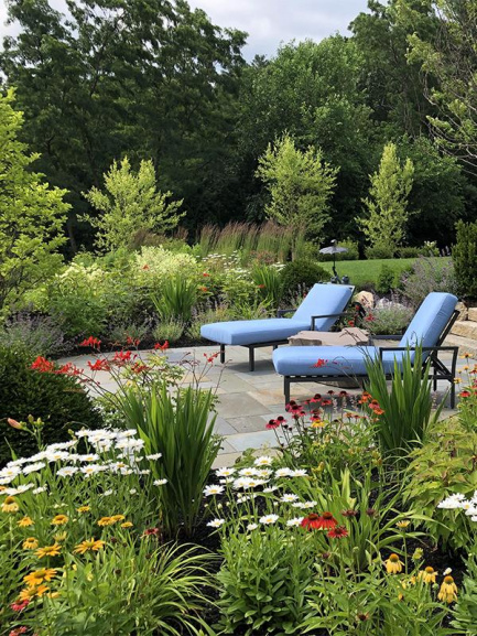 Two blue lounge chairs overlooking a garden full of colorful flowers including coneflowers as well as various green trees.