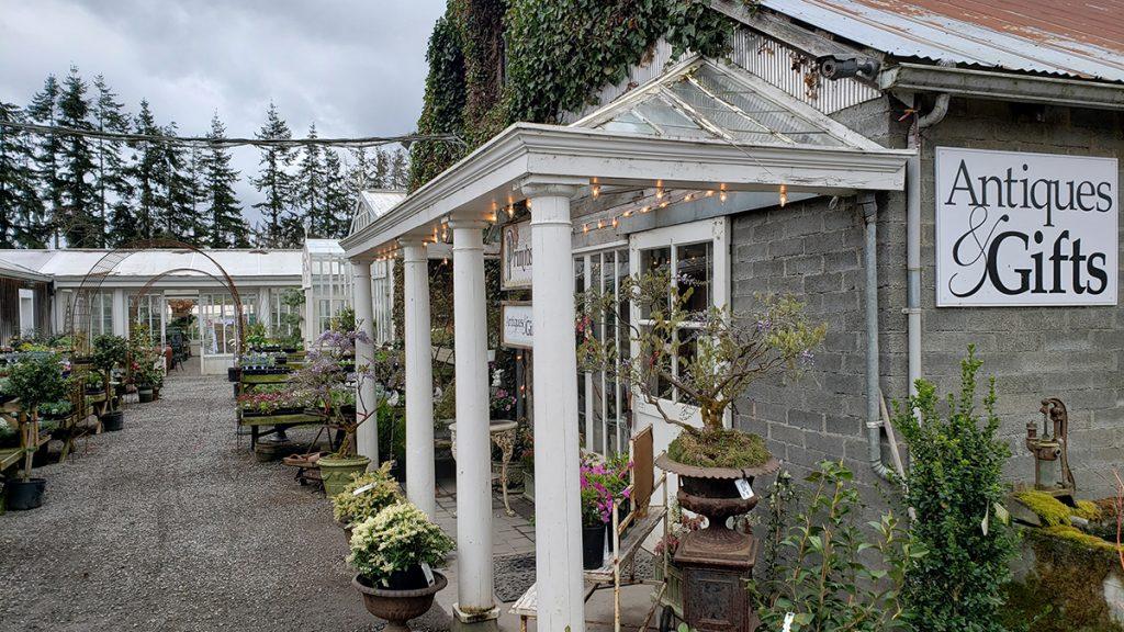A white garden center building for Antiques and Gifts with various potted plants lined down the cobble stone walkway.