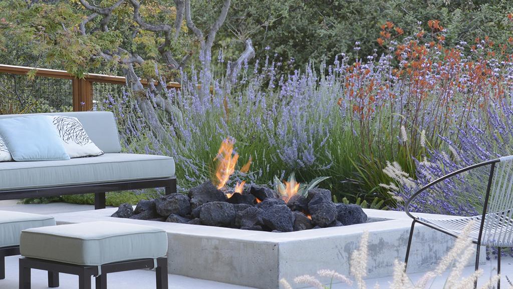 Backyard landscape with a rock fire pit next to a garden of Russian sage, dwarf fountain grass, and kangaroo paw.