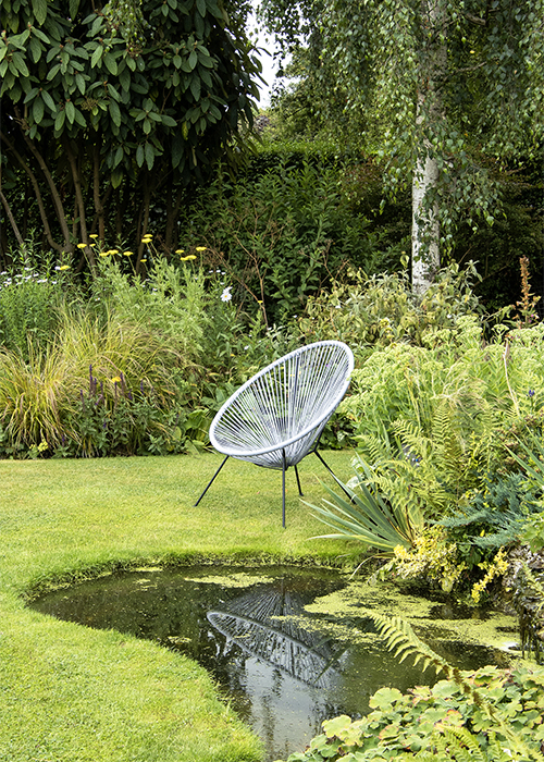 rain garden with standing water and chair